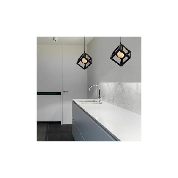 Moderne pendellampe kubeformet lysekrone geometrisk stil metall taklampe E27 taklampe for soverom stue restaurant - 16CM, svart