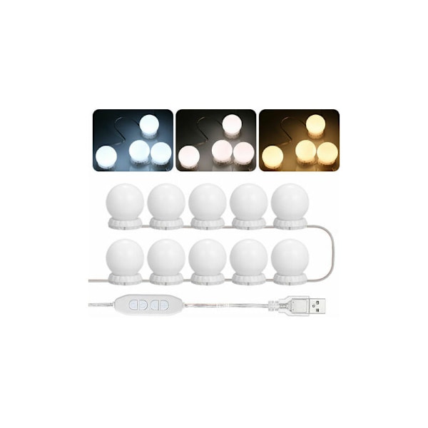 LED-peilivalaisinsetti peilipöydälle, jossa 10 säädettävää lamppua, 10 kirkkautta ja 3 valaistustilaa, USB-tyyppi, valkoinen