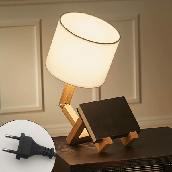 Creative Robot Desk Lamp, Adjustable Can Put Books Wood Bedside Lamp with Fabric Lamp Shade E27 Screw for Decorative Lighting [Energy Class A]