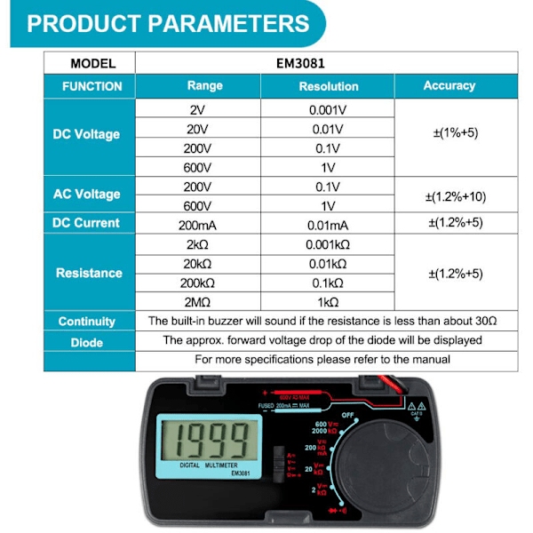 Håndholdt digitalt multimeter Mini 6-funktion foldbart digitalt multimeter 3-1 2-cifret lomme DMM DC/AC voltmeter DC amperemeter ohm kontinuitet diode tester