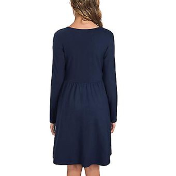 Kjole Høj Talje V-hals Langærmet Draperet Bodycon Ensfarvet Knælang Kjole til Kvinder Mørkeblå XL