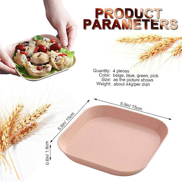 4 firkantede halmstråplater på 15 cm, uknuselige og lette, for forretter, frokostblandinger, middager, gjenbrukbare miniplater for barn