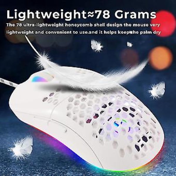 Honeycomb Shell Kablet Mekanisk Gaming Mus USB Lysende Lys Mus 7200dpi Justerbar Optisk Gamer Mus, Hvid