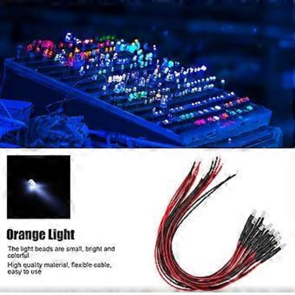50 stk. LED-lys, emitterende dioder, fortrådede, forudkablede, rundt hoved, enkelt blinkende model 12V hvidt lys