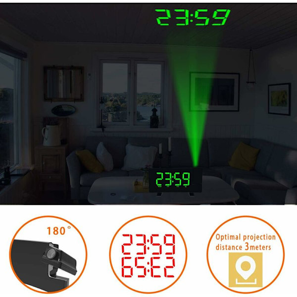 Projektionsklockradio, 180  Takprojektionsväckarklocka, USB FM Digitalklocka med Dubbla Alarm, Snooze, Sleep Timer, 12/24h, Stor LED-skärm med Dimmer (Grön)