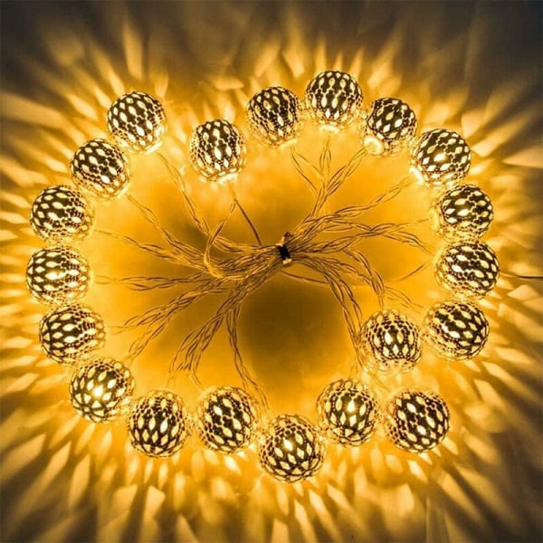 Marockansk LED-ljusslinga - 2 meter - 10 varmvita LED-lampor - Gyllene orientalisk dekoration - Ljusslinga med ljusbollar - Juldekoration, trädgård, födelsedag