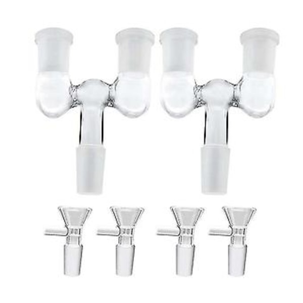 Glassrøradapter, 2 stk. 14 mm hann til dobbel 14 mm hunn adapter med 4 stk. 14 mm transparent glass traktadapter, gjenbrukbar