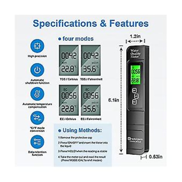 4-in-1 mittari hydroponiikkaan, 0-9999 ppm, LCD-taustavalonäyttö, sopii
