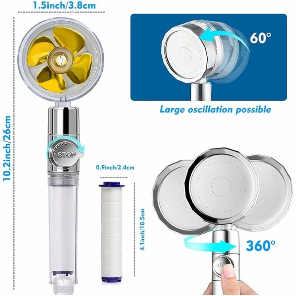 Duschhuvud, Duschhuvud, Högtrycks Propeller Duschhuvud, 360?? Roterande Duschhuvud, Högtrycks Handdusch 2 Jettyper med 6 Filt