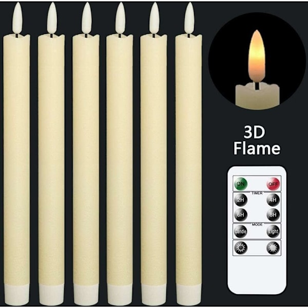 Set med 6 flimrande flamlösa kronljus med 10-knappars fjärrkontroll, batteridriven, 3D-veke, fönsterljus av äkta vax, juldekoration