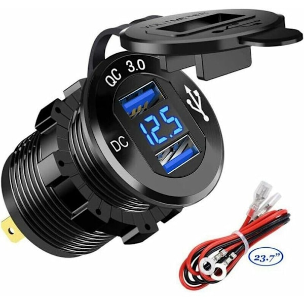 USB Snabb Billaddare Två QC3.0 USB-portar, 12V/24V 36W Vattentät med LED Digital Voltmeter för Motorcykel, Lastbil, Båt och Mer