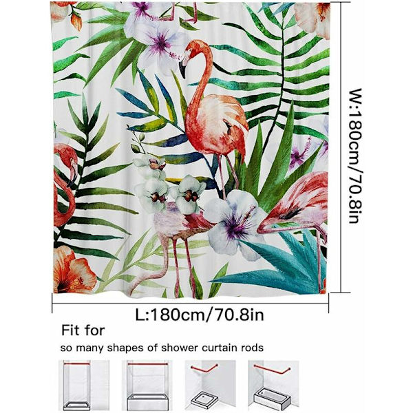 Vedenpitävä suihkuverho painotetulla helmalla, kylpyhuoneen verhot hometta ja hometta kestävät 12 koukun kanssa, flamingokuvioitu, 180 x 180 cm (71 x 71 tuumaa)