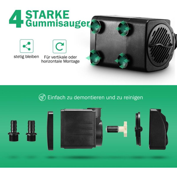 1500L/H Akvariumpumpe, Damppumpe Mini Vannpumpe Mot Tørrbrenning (36 Timer), Liten Neddykkbar Pumpe for Akvarium Dam Fontene Hage Lydløs