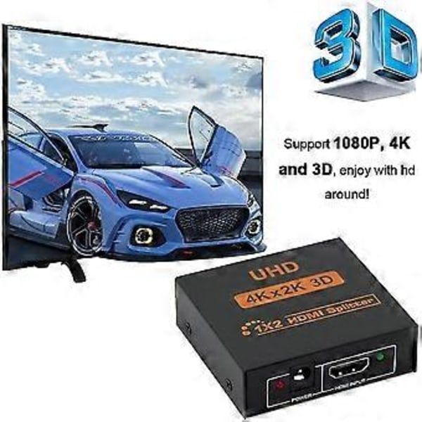 HDMI Splitter 4K, 1 Ingång 2 Utgångar Driven Videokonverterare, Stödjer HDMI 1.4A + HDCP1.0 / 1.1 / 1.2 / 1.3