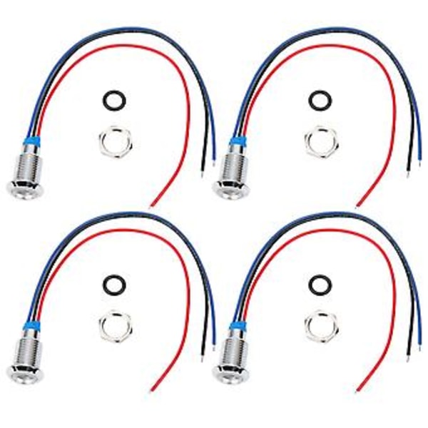4 Sæt Præ-kablede Runde LED'er Vandtætte 2-farvede Indikatorlys Fælles Anode 10mm 12-24V (Rød og Blå)