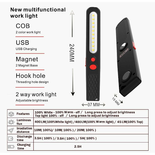 Genopladelig LED-arbejdslampe, 2-i-1-kombinationslampe med dobbelt farve, inspektionslampe og 3W Cob LED-lommelygte med dobbelt magnet til autogarageværkstedskam