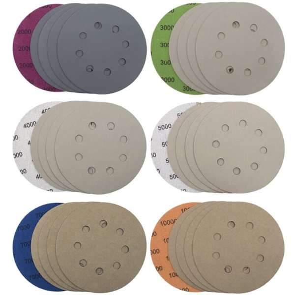 30 kappaletta hiomalevyjä 125mm 8 reikää hiomalevyjä märkä hiekkapaperi Orbital Sander Pads hiekkapaperiarkit metallille puulle, karkeus 2000/3000/4000/5000/