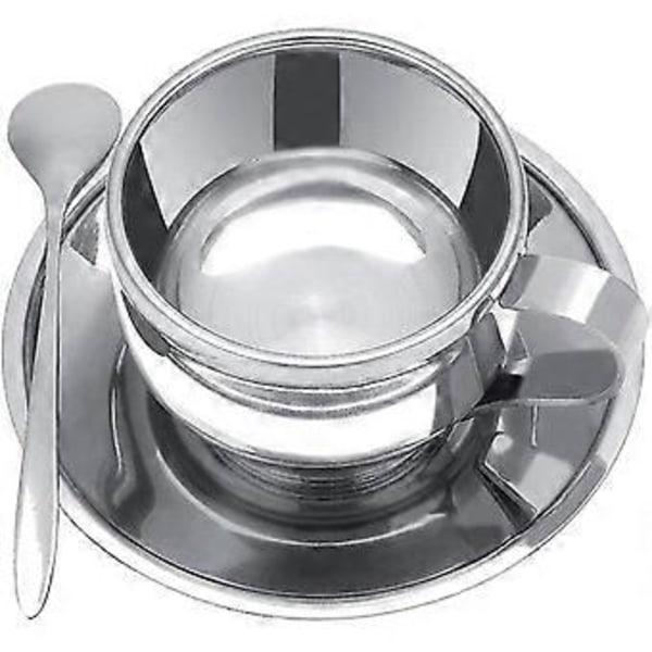 Kaffekoppset, Rostfritt Stål Dubbelväggig Isolerad Kaffemugg Med Fat Sked (4-d-1)