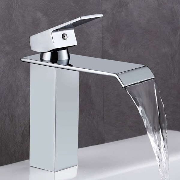 Sink Faucet, Modern Style Waterfall Bathroom Sink Faucet in Chromed Brass, Ceramic Valve, Flattened Rectangular Design For 30% Water Saving.