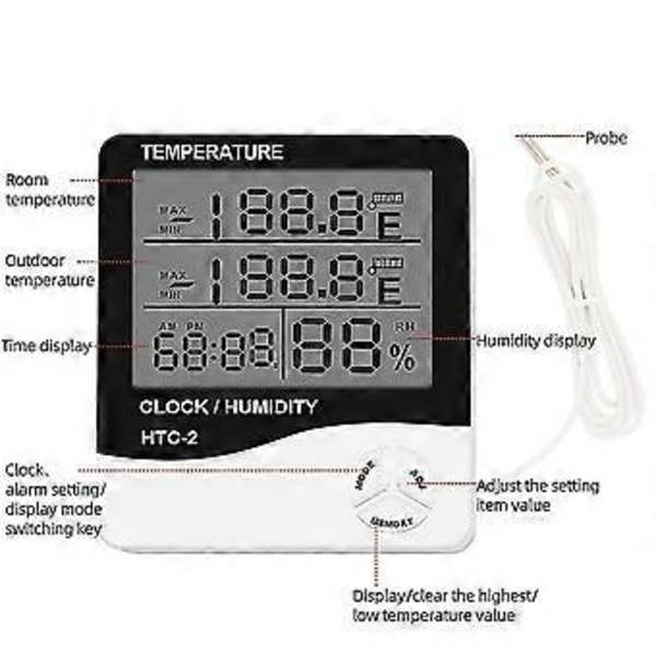 Htc-2 Inomhus Utomhus Hygrometer Digital Temperatur Luftfuktighetsmätare Termometer Väderstation Klocka Alarm Väggsensor Sond