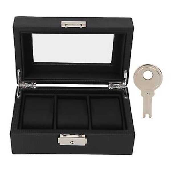 3 Fack Klockbox Låsbar Liten PU Läder Klocka Smyckeskrin med Klart Lock för Män Kvinnor Armband Svart