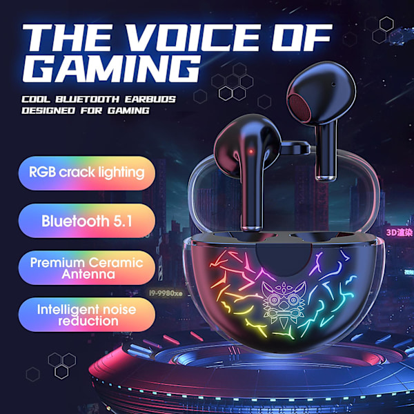 Immersiva RGB-belysning Bluetooth 5.1 brusreducerande smarta touch Bluetooth-hörlurar med surroundljud och långvarigt batteri