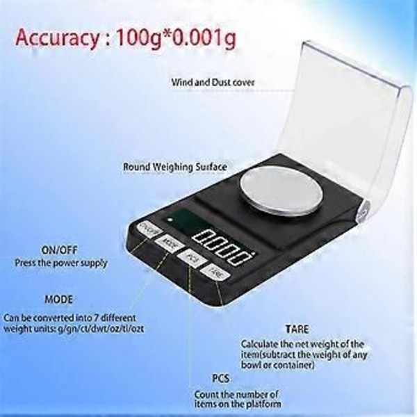 Hög Precision 100g/0.001g Digital Milligram Våg Smyckesvåg, Fickvåg, Omladdning, med 50g Kalibreringsvikt