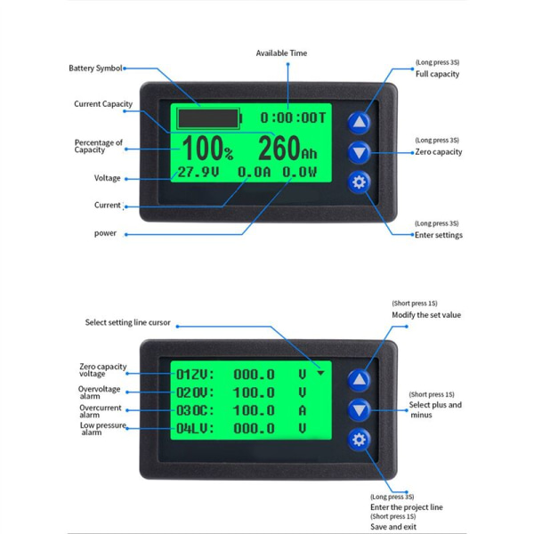 Batterimonitor Hall Coulomb Meter DC 8-100V 100A Lifepo4 Bly-Acid Li-Ion Lithium Kapasitet Power Display