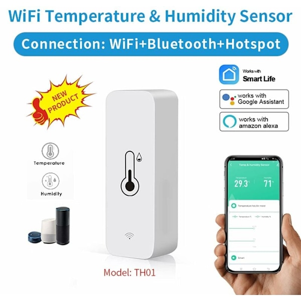 WiFi-fuktighets- och temperaturmonitor: Smart hygrometer för fjärrövervakning och larm, inomhus termometer med hög noggrannhet med TUYA-app, kompatibel med Alexa (1 st)