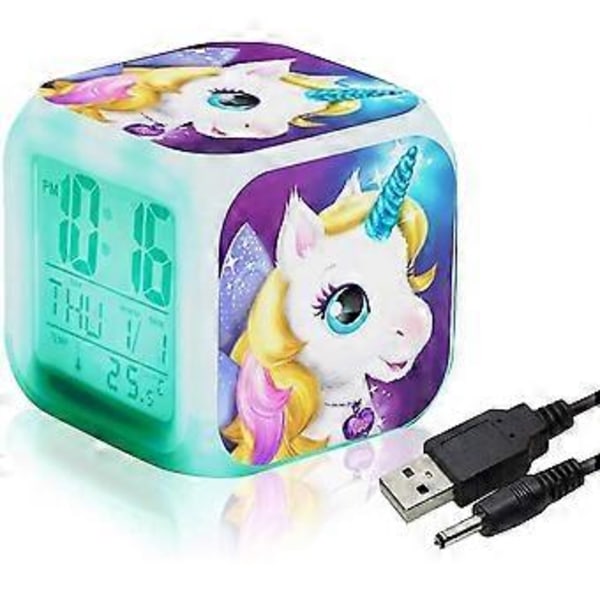 Unicorn Girl Digital Väckarklocka, Kub LED LCD Lysande med Ljus Barn Väckarklocka Sängklocka (4 AA Batterier Ingår Ej) -shznv