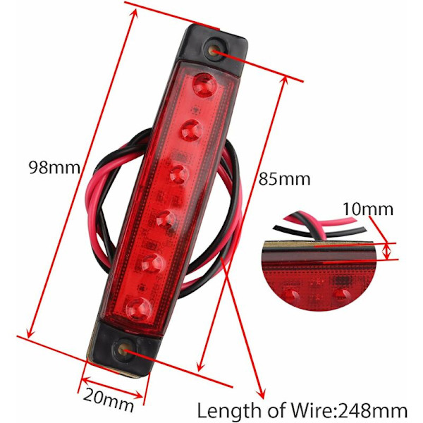 10 Side Markering Lamper 12V 6SMD LED Forreste Bagerste Markering Lys til Trailer Lastbil Campingvogn Camper Van Lastbil Bus Båd Traktor Motor Rød