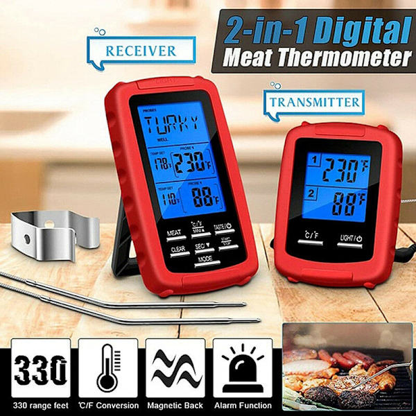 Kökstermometer med synlig display Dubbel sond 380 C Rostfritt stål Matlagning Ugn Grill Termometer Röd