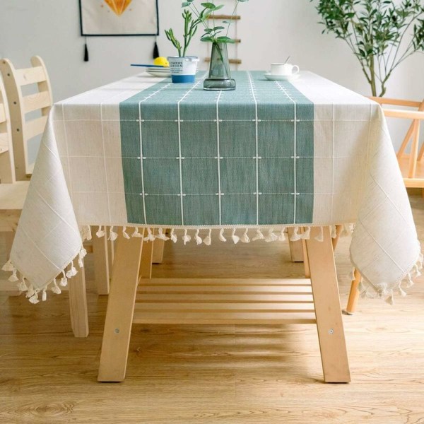 Solid Cotton and Linen Rectangular Table Cloth Plaid Embroidery Tassel Cotton Linen Table Cover for Kitchen Dining Table Decoration (140x140cm, Gree
