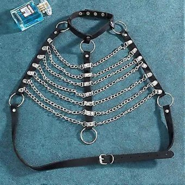 Punk Lagerad Kroppskedja Svart Läder BH Bur Harness Choker BH Kedjor Gotisk