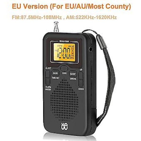 Bärbar Radio Mini AM FM Väderradio Fickradio LCD-skärm Digital Väckarklocka Radio Spelare