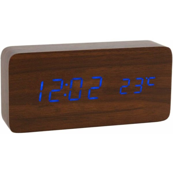 Puinen digitaalinen kello - Monitoiminen LED-herätyskello, jossa aika-, päivämäärä- ja lämpötilanäyttö sekä ääniohjaus kotiin ja matkoille - AC11BrownBlue