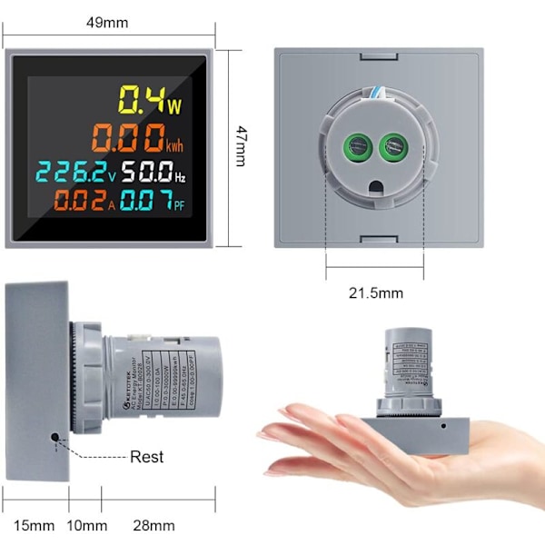Mini AC Energimåler 1 Fase 110V 220V 100A Voltmeter Amperemeter Wattmeter Frekvenstester HD LCD Display Power Faktor Volt Amp Monitor