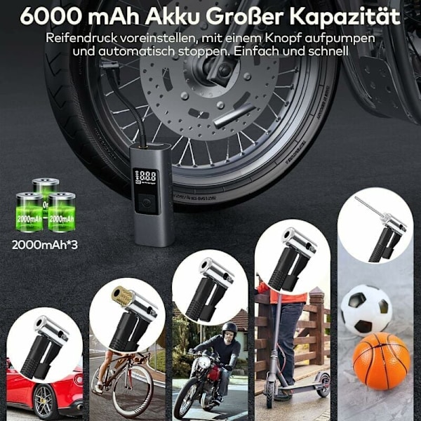 6000mAh Mini Elektrisk Luftpumpe, Bærbar Luftkompressor Trådløs Dæk Pumpe 150PSI med Digital LCD Display, Elektrisk Cykel Pumpe med LED Lampe til