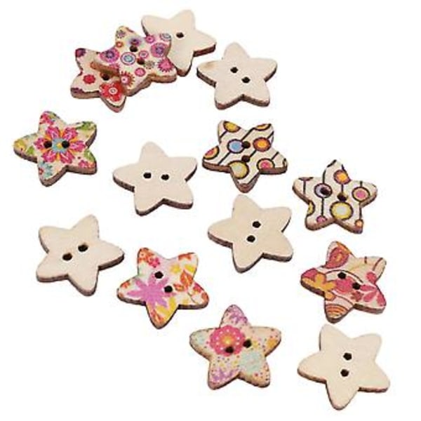 50 stk. 2 Hull Fargerike Tresømknapper for Scrapbooking (stjerne)