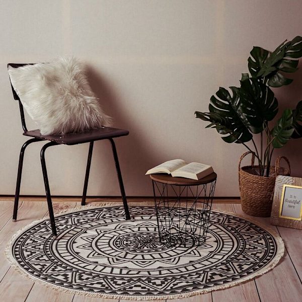 Pyöreä matto, 120 cm, hapsutettu pyöreä matto, liukumaton, käsin kudottu ja helppo puhdistaa, boheemi mandala-kuvio, puuvillamatto-Fei Yu