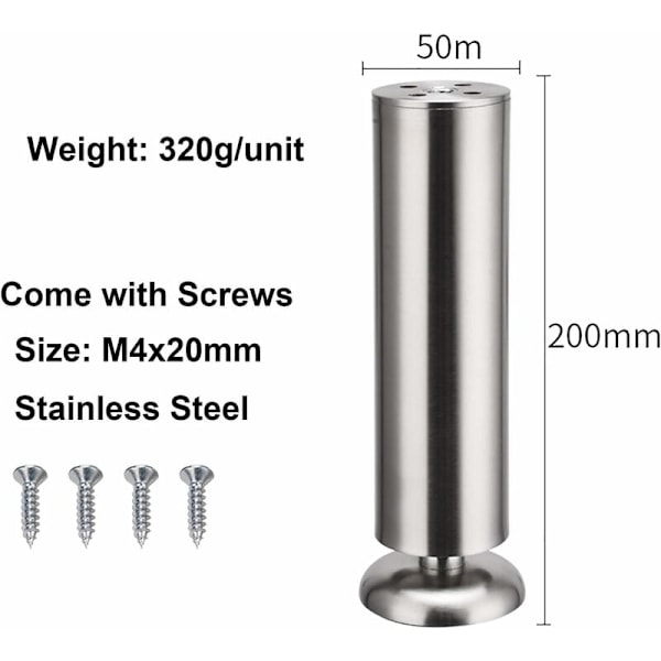 4x Huonekalujalat 200mm Korkeus Ruostumaton Teräs Kaapin Jalat Pöydän Jalat Kaapit Jalat Kirjahyllyn Jalat