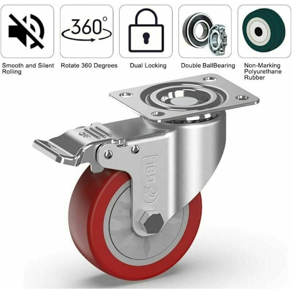 4 Swivel Möbler Hjul med Broms (Skruvar ingår ej) - 100mm Upp till 600KG - Icke-märkande Hjul på Golvet för Tung Last - Gummidäck för T