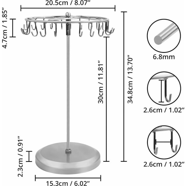 Roterende smykkeholder i sølvmetal (23 kroge) - H34,8 x B20,5 cm - Smykkeudstillingstårn - Holder til halskæde, armbånd, ringe og