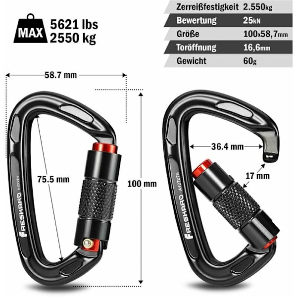 Klatrekarabiner, automatisk låsende karabiner, 25kN-2550kg, CE-certificeret, solid, til bjergbestigning, hundeline, boksepose, brandmand, hængekøje