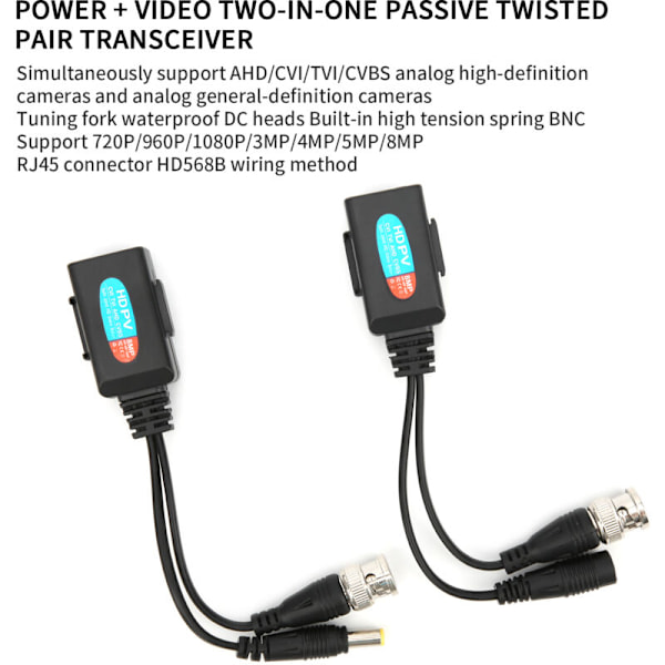 Koaksial passiv 8MP HD videobalun for AHd CVi TVi CVBS Twisted Pair Transceiver -