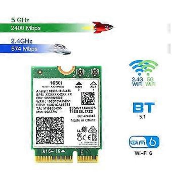 1650i AX201NGW WiFi-kortti + 2x8DB Antenni + Kiinnike 3000Mbps WIFI6 2.4G/5G Cnvio2 Bluetooth 5.1 WiFi-sovitin Win10/Win11:lle