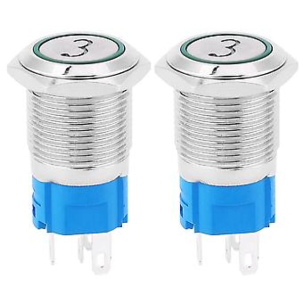 2kpl Hetkellinen Metallinen Painonappikytkin Litteä 5 Nastaa 16mm Asennusreikä LEDillä ja Numero 3Vihreä 24VDC