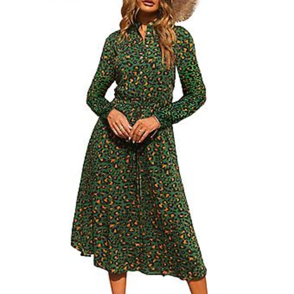 Mekko Leopardiprintti Pystykaulus Kukkaprintti Pitkä Lyhtyhiha Keskipitkä Mekko Naisille Vihreä XL