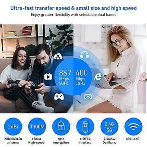 1300M USB3.0 Trådløst Nettverkskort WiFi Adapter 2.4G & 5G Dual Band Stabil Signal Adapter for PC Stasjonær Laptop