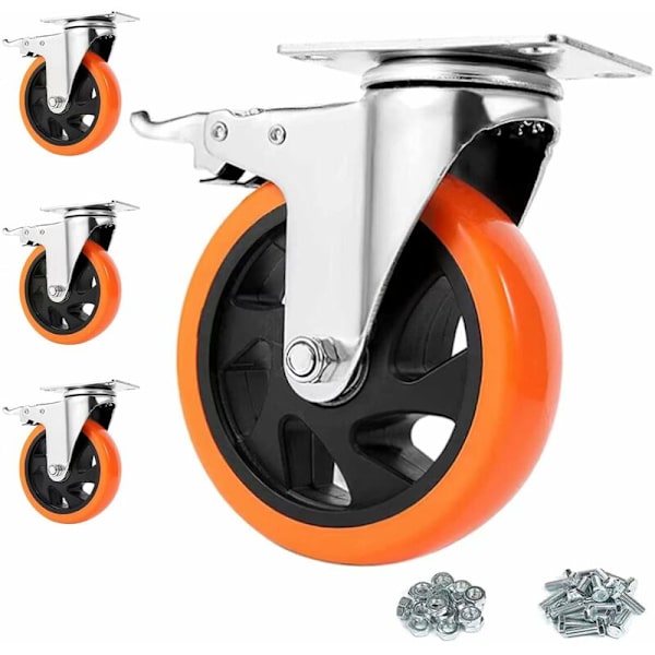 Møbelhjul med bremser, 125mm Heavy Duty Caster Wheels Leje 900KG Svingbare Trolley Casters med skruer, Gummieret Trolley Wheel